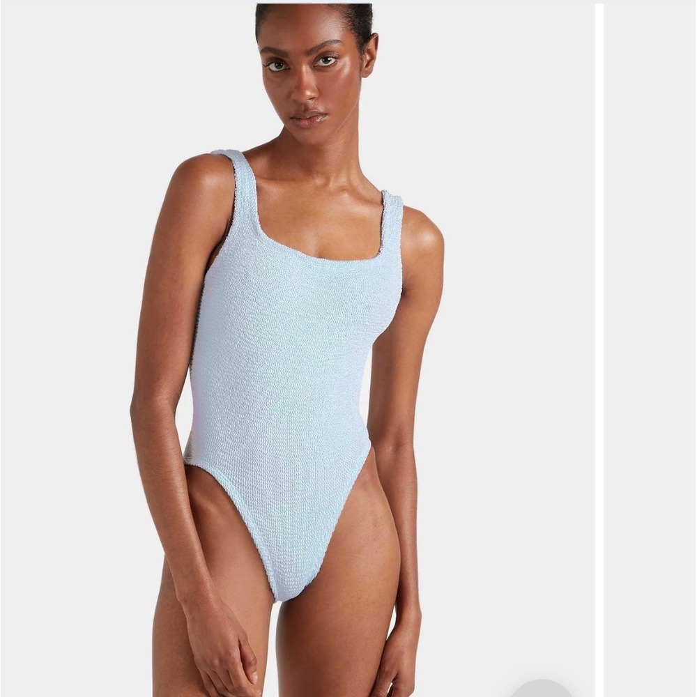 Hunza G Square Neck Swim Metallic Ice Blue Crinkle One Piece One Size